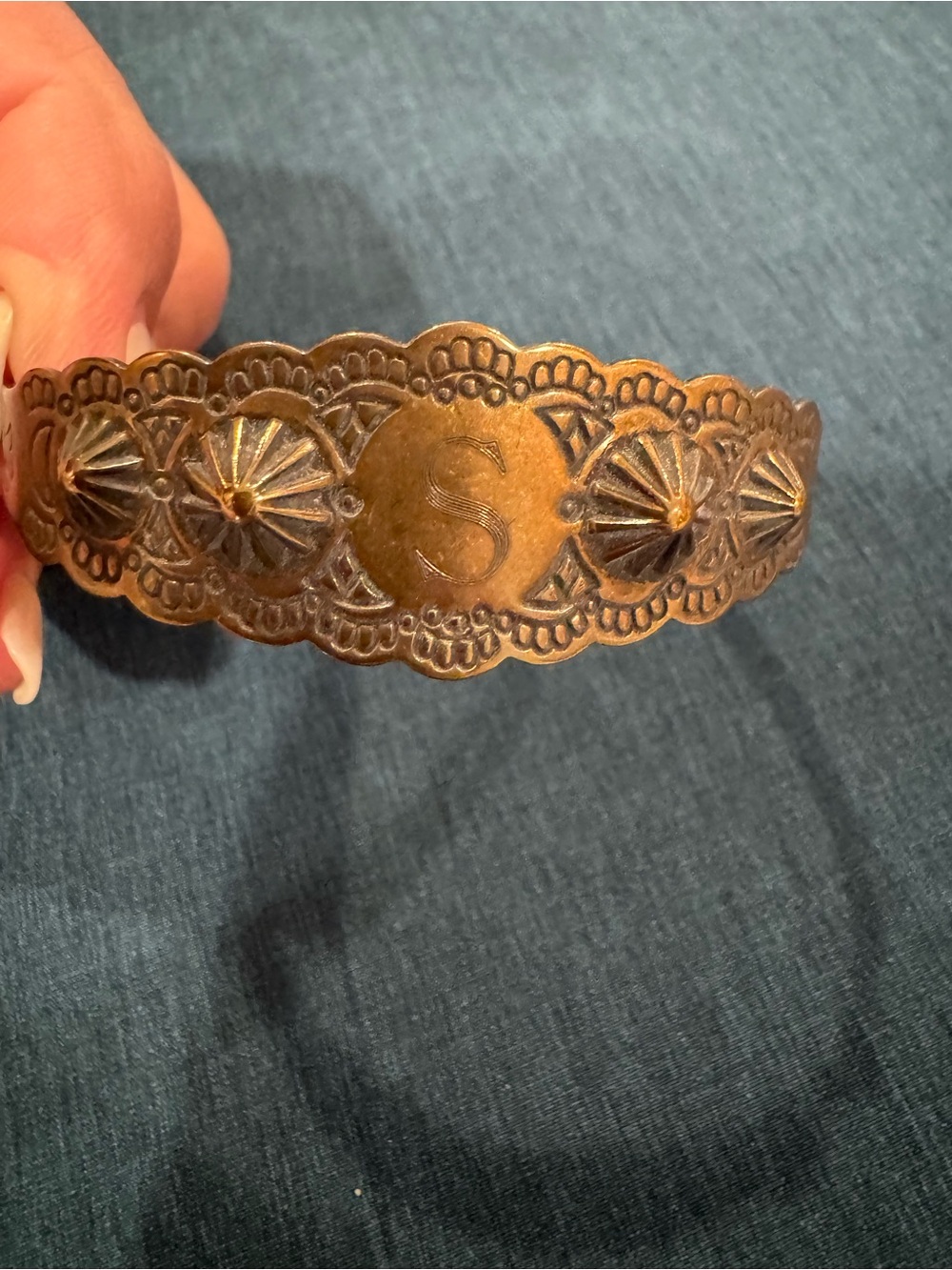 Copper Looking Cuff Bracelet with Engraved 'S'